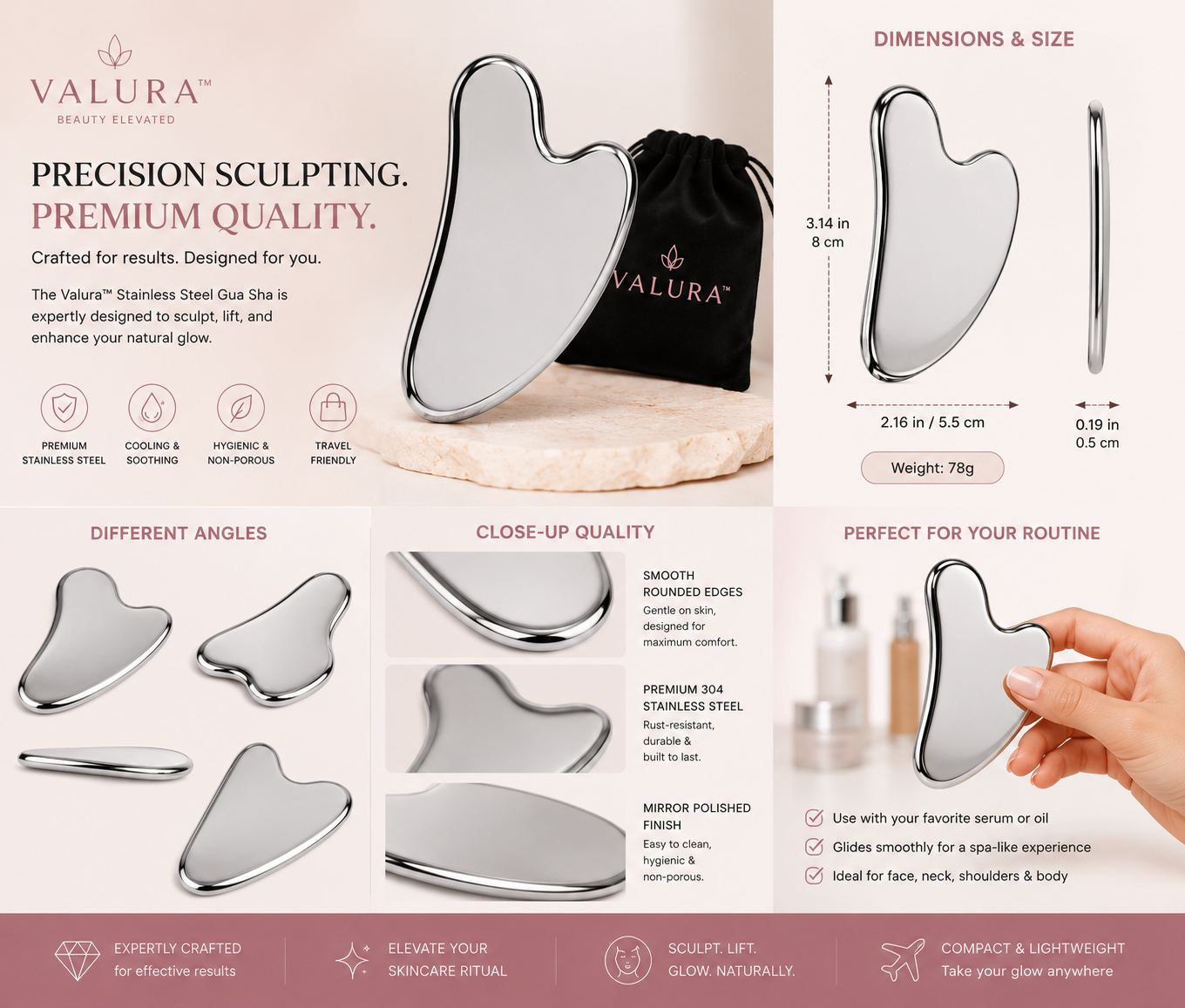 A Valura Beauty Glow precision sculpting glow shea set, featuring multiple stainless steel gua sha tools shown in a multi-panel infographic with dimensions, close-up quality, different angles, and usage benefits. A hand is shown holding one of the shea tools on the right side.
