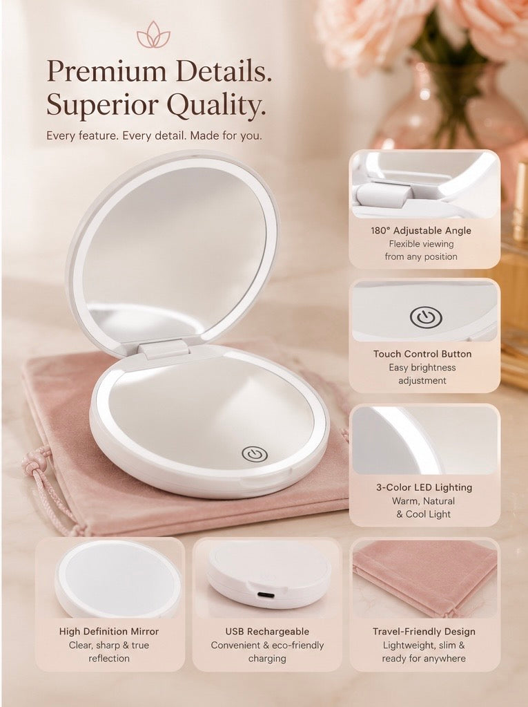 A white compact-style beauty device with an open mirror lid, shown on a soft beige surface with a pink pouch. The image includes marketing text and feature callouts: adjustable 180-degree angle, touch control, 3-color LED lighting, high definition mirror, USB rechargeable, and travel-friendly design.