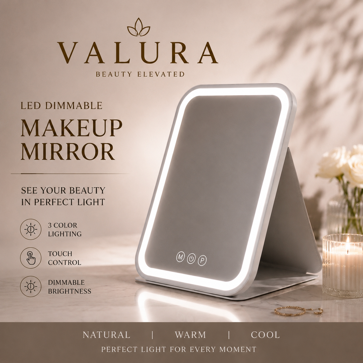A Valura LED dimmable makeup mirror with a built-in stand, glowing with white light, set on a marble surface next to a lit candle and flowers. The background is a warm beige with soft leaf shadows, and the brand name 'VALURA' is displayed on the left with product features listed on the left side.