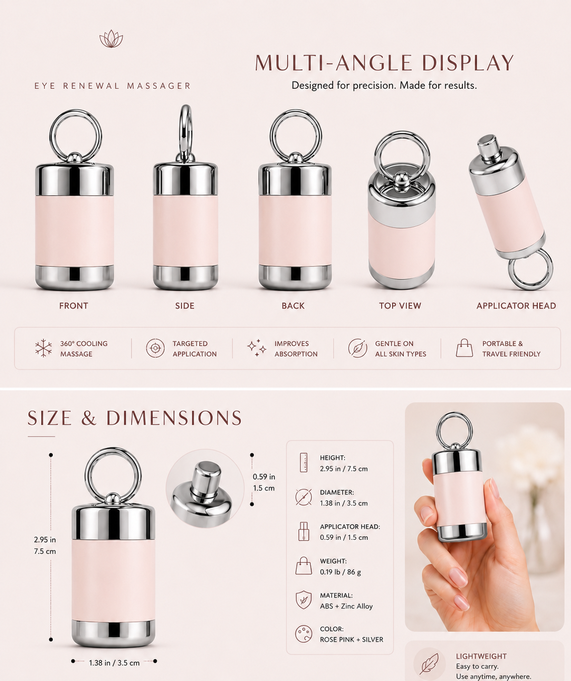 A product infographic for an eye renewal massager, showing multiple views of the pink and silver device, dimensions, features, and a hand holding the massager.
