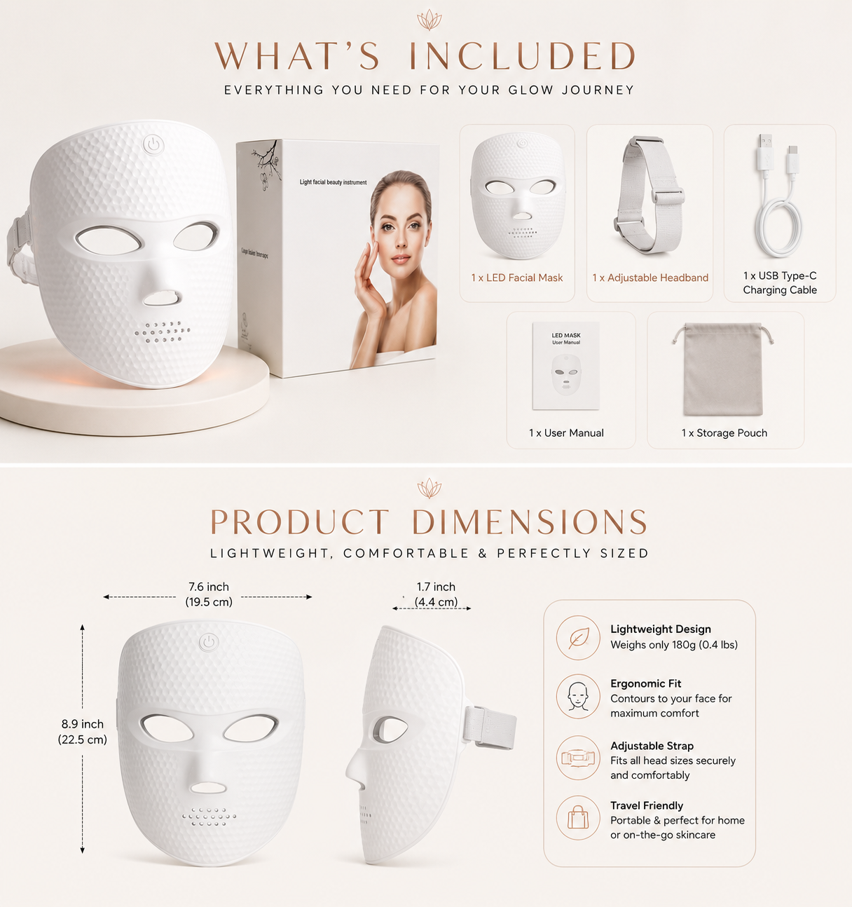 A product information graphic for a white LED facial mask set, showing the mask, packaging, accessories, dimensions, and included items on a clean white background with beige text.