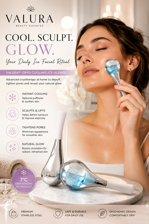 A promotional beauty ad showing a woman applying a blue gel pad to her face while a facial ice device rests on a tray in the foreground. The Valura Beauty Elevated brand name appears prominently at the top, with product text and feature icons on the left side.