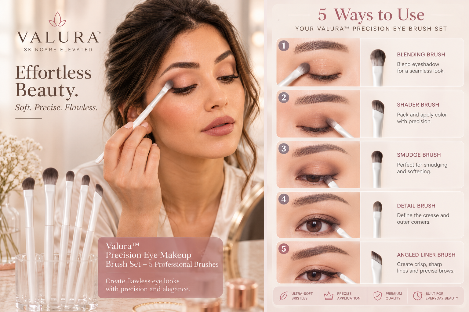 Promotional graphic for Valura Effortless Beauty Precision Eye Brush Set, featuring a woman applying makeup on her eye alongside five illustrated and photographic steps showing how to use the brushes, with the Valura brand logo visible.
