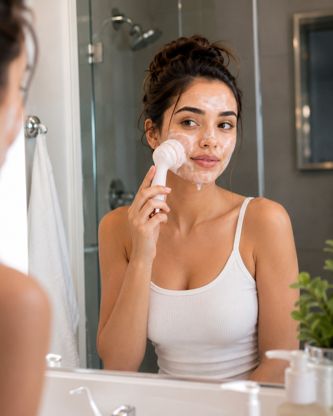 A woman in a white ribbed tank top uses a white handheld facial cleansing device on her face while looking into a bathroom mirror. A shower glass and sink are visible in the background.