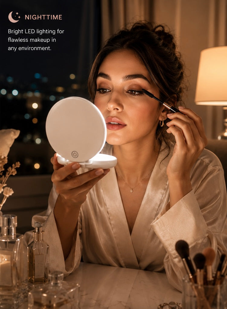 A woman in a satin robe applies makeup while holding a round, illuminated LED mirror. The scene is set at night with a city view in the background, warm lamp lighting, and cosmetic brushes on the table.