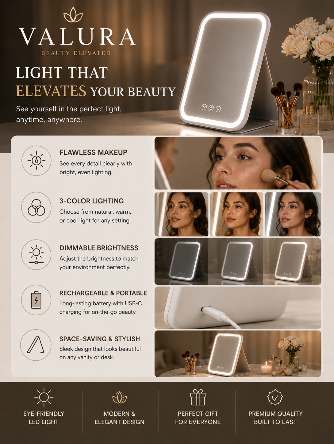 Promotional graphic for the Valura Beauty Elevated LED makeup mirror. The image features a large product shot of the white-framed mirror with a glowing light bar, alongside a vertical collage of a woman's face showing makeup application, and a smaller view of the mirror on a vanity.