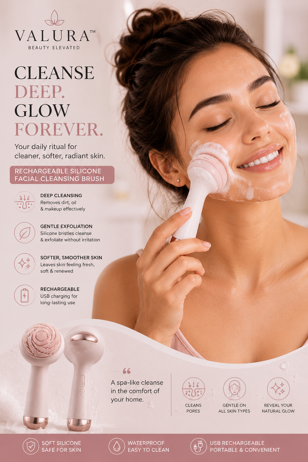 A promotional ad for the Valura Beauty Elevated Cleanse Deep Glow Forever facial cleansing brush. A woman is shown smiling while using the white and pink handheld brush on her face.