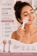 A promotional ad for the Valura Beauty Elevated Cleanse Deep Glow Forever facial cleansing brush. A woman is shown smiling while using the white and pink handheld brush on her face.