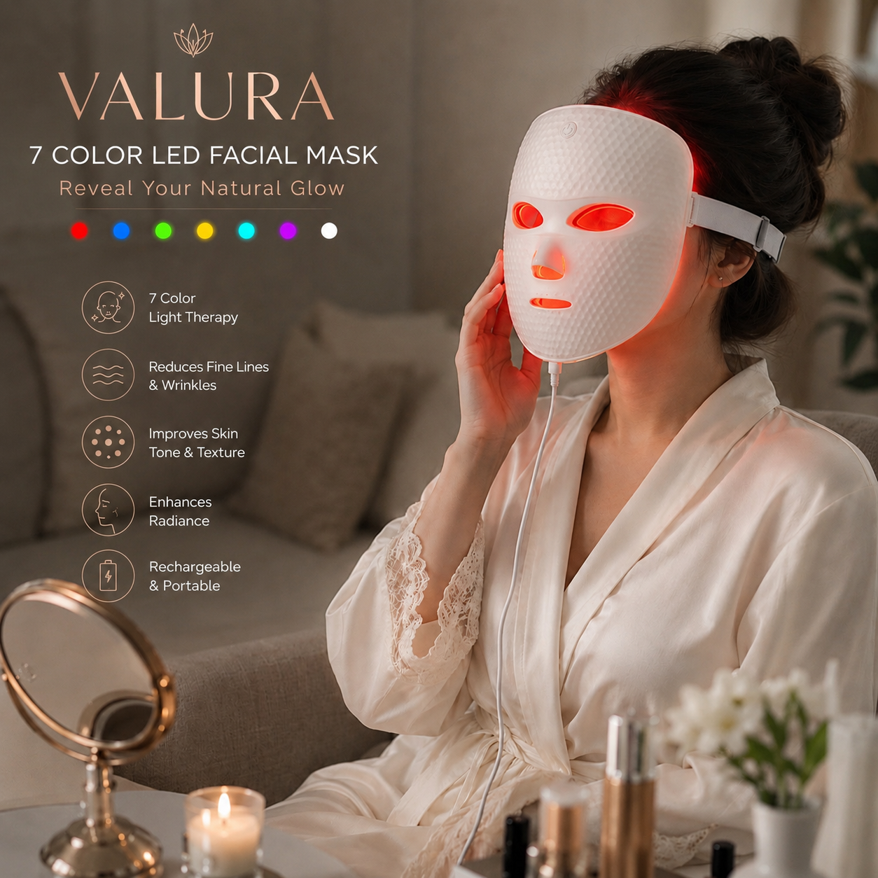 A woman in a white satin robe uses a Valura 7-color LED facial mask in a cozy living room setting. The mask glows with red light, and the left side of the image features text detailing the mask's benefits, including reducing fine lines and wrinkles and improving skin tone and texture.