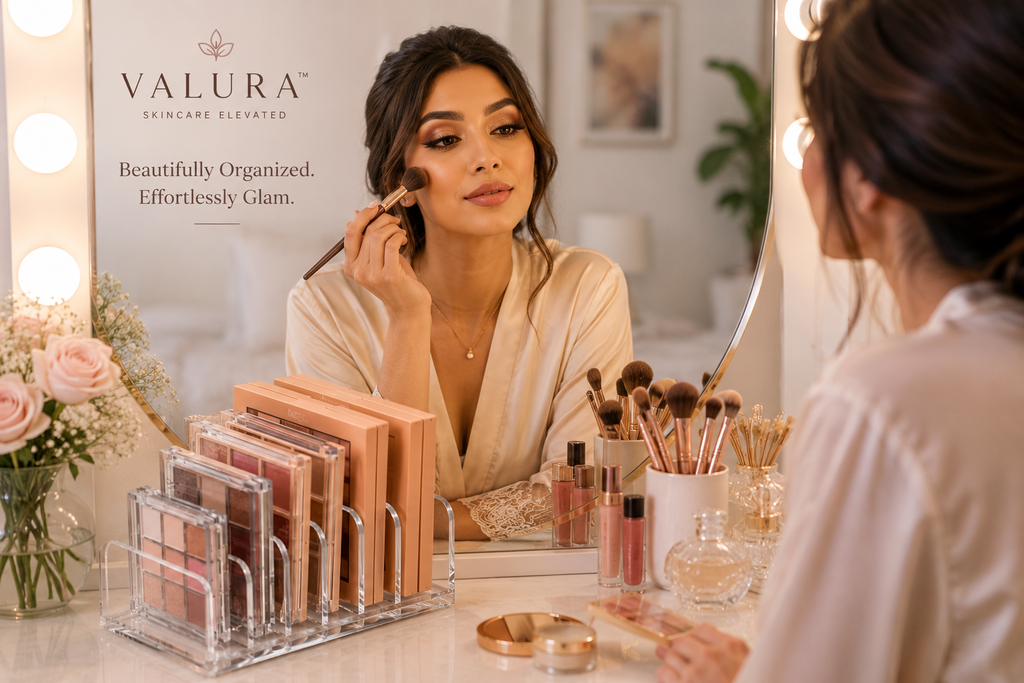 A woman in a beige robe sits at a vanity mirror applying makeup, with Valura skincare products displayed on the counter and the Valura brand logo visible on the wall. The scene includes makeup palettes in a clear stand, brushes in a cup, and soft pink flowers on the left.