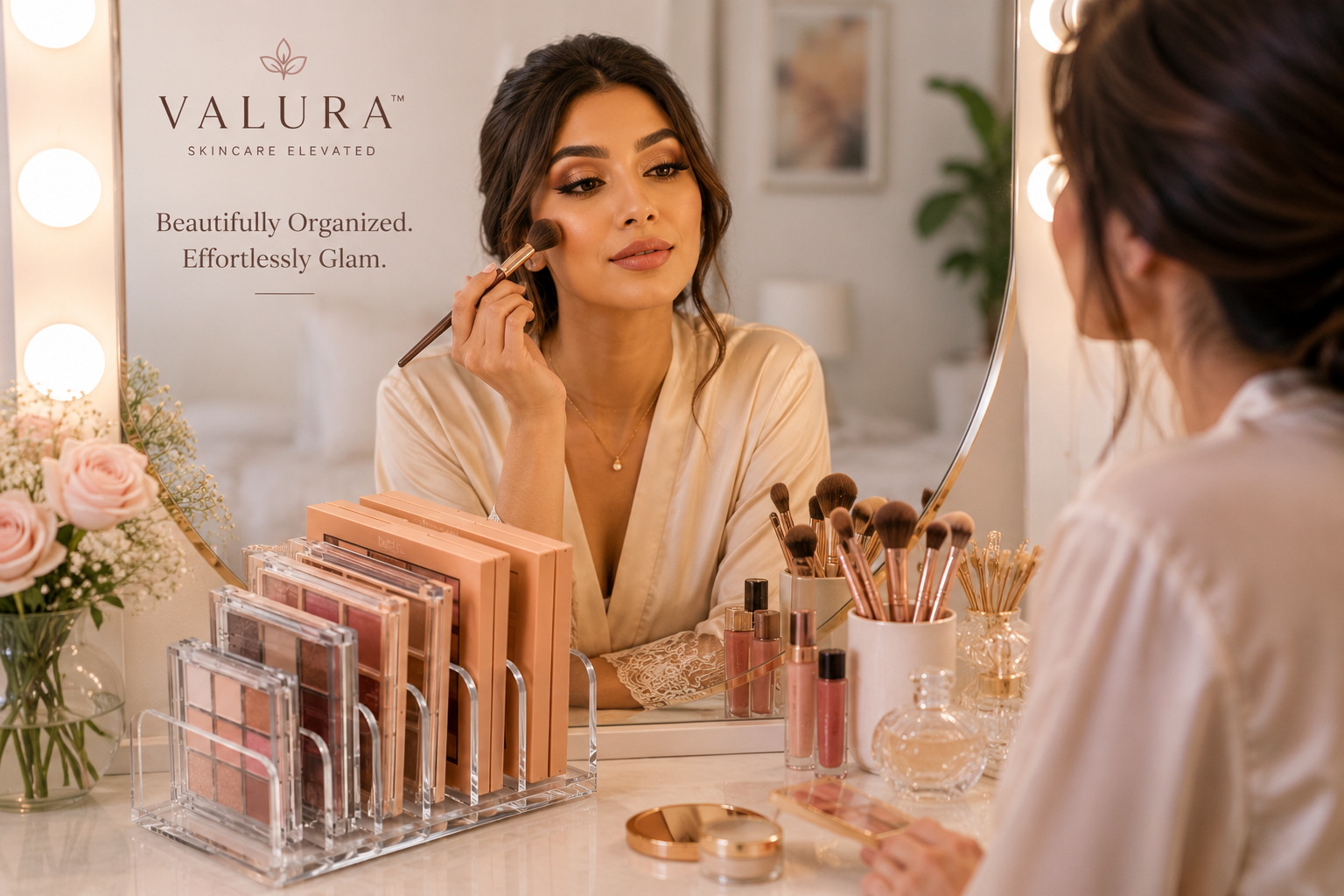 A woman in a beige robe sits at a vanity mirror applying makeup, with Valura skincare products displayed on the counter and the Valura brand logo visible on the wall. The scene includes makeup palettes in a clear stand, brushes in a cup, and soft pink flowers on the left.
