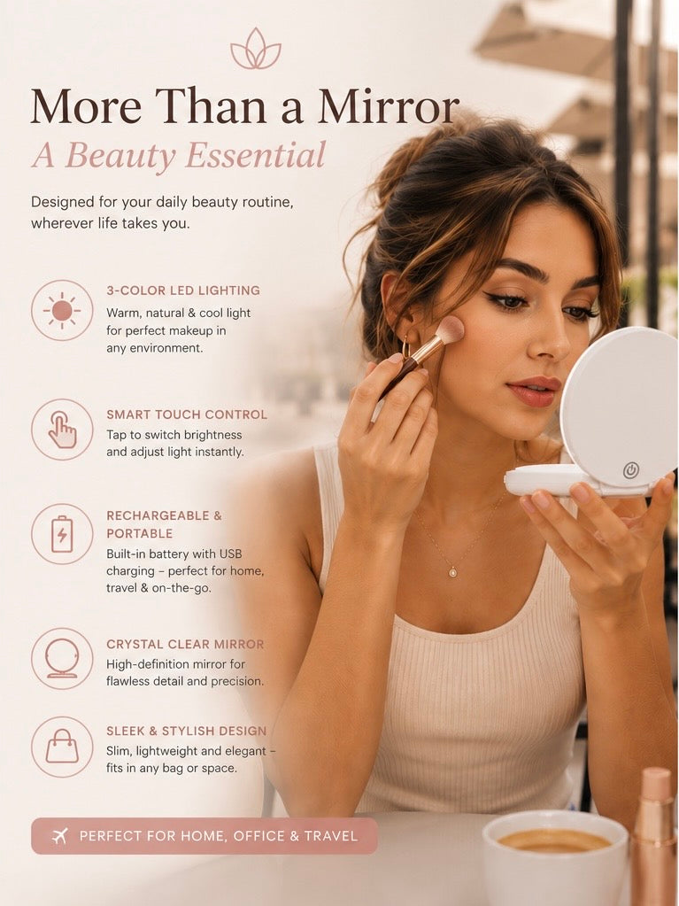 A beauty essential compact mirror with built-in LED lighting and touch control, shown in a lifestyle setting with a woman applying makeup while looking into the compact mirror.