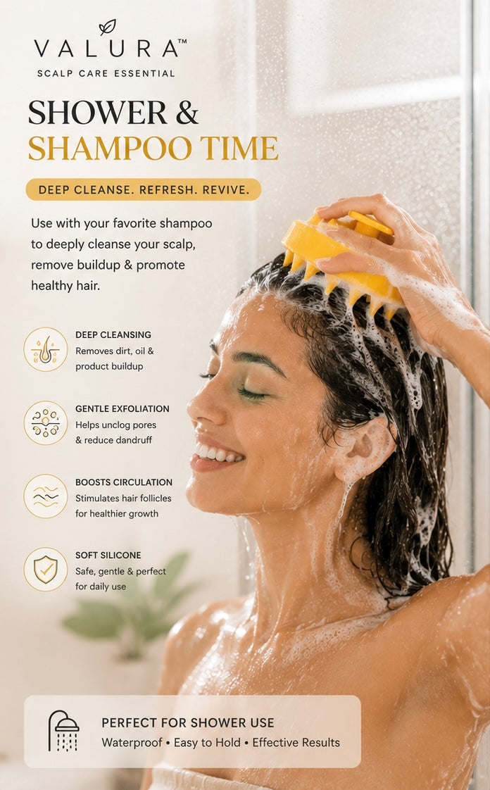 A promotional graphic for VALURA Scalp Care Essential Shower & Shampoo Time, showing a woman in a shower washing her hair with a yellow silicone brush. The left side features text detailing the benefits of deep cleansing, gentle exfoliation, boosted circulation, and soft silicone, set against a warm, softly lit shower background.