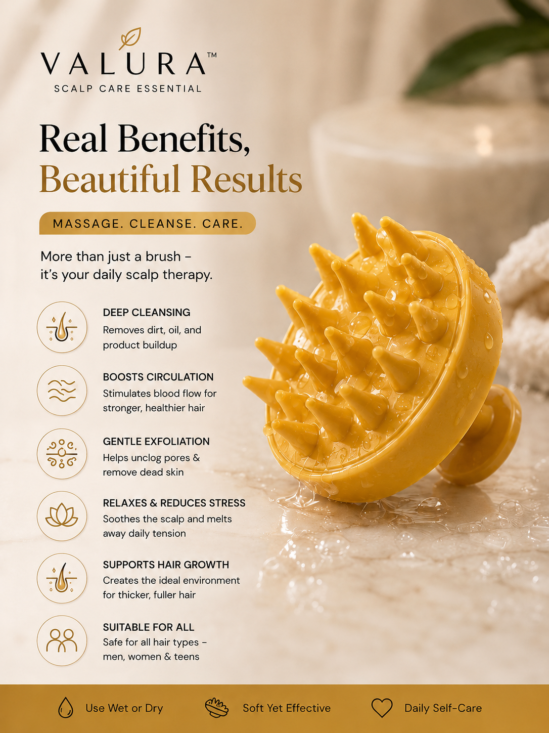 A yellow spiky scalp massage brush by Valura, shown on a textured white stone surface with a blurred bathroom-like background. The left side features marketing text and icons about scalp benefits, and the top displays the Valura brand logo.