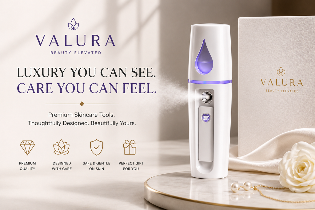 Valura Beauty Elevated skincare device in white with a purple LED droplet display, shown next to its cream-colored branded box and a white rose on a marble tray.