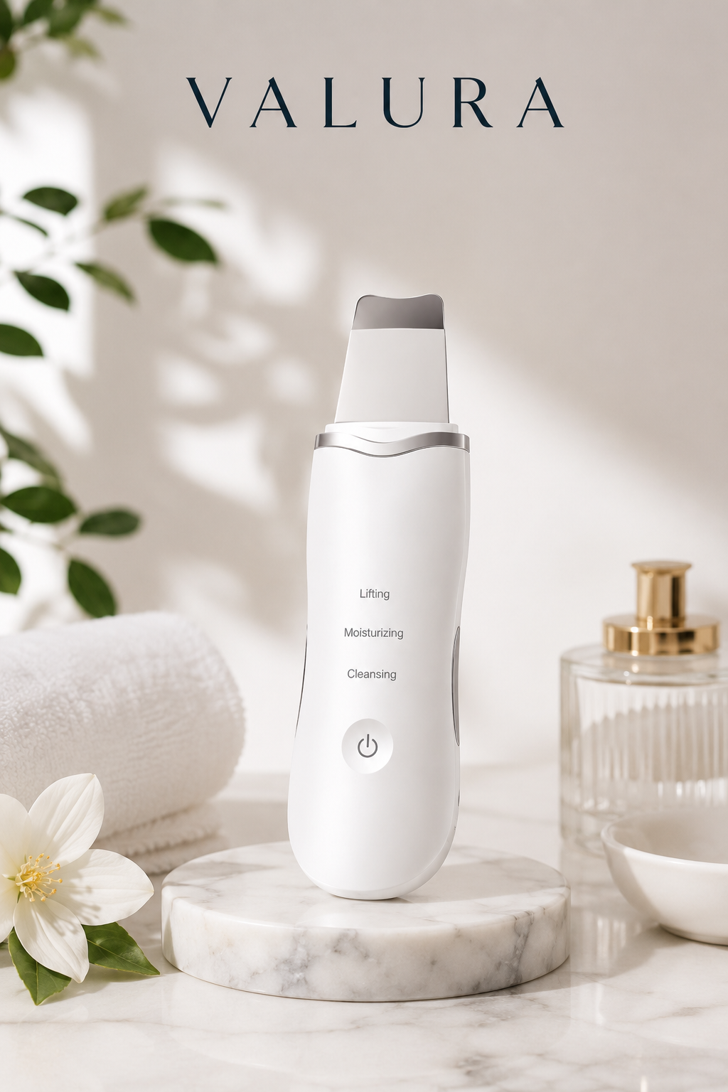 A white Valura skincare device with a gray and silver treatment head stands on a white marble pedestal. The scene is styled with a rolled white towel, a white flower, a glass bottle with a gold cap, and a small dish, with the brand name VALURA printed at the top against a softly lit cream background.