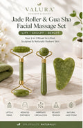 Valura Jade Roller & Gua Sha Facial Massage Set shown on a marble surface with spa props. The set includes a green jade roller with gold-tone metal and a matching green gua sha stone, with product text and benefit icons above and below.