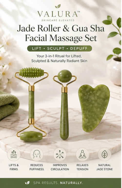 Valura Jade Roller & Gua Sha Facial Massage Set shown on a marble surface with spa props. The set includes a green jade roller with gold-tone metal and a matching green gua sha stone, with product text and benefit icons above and below.