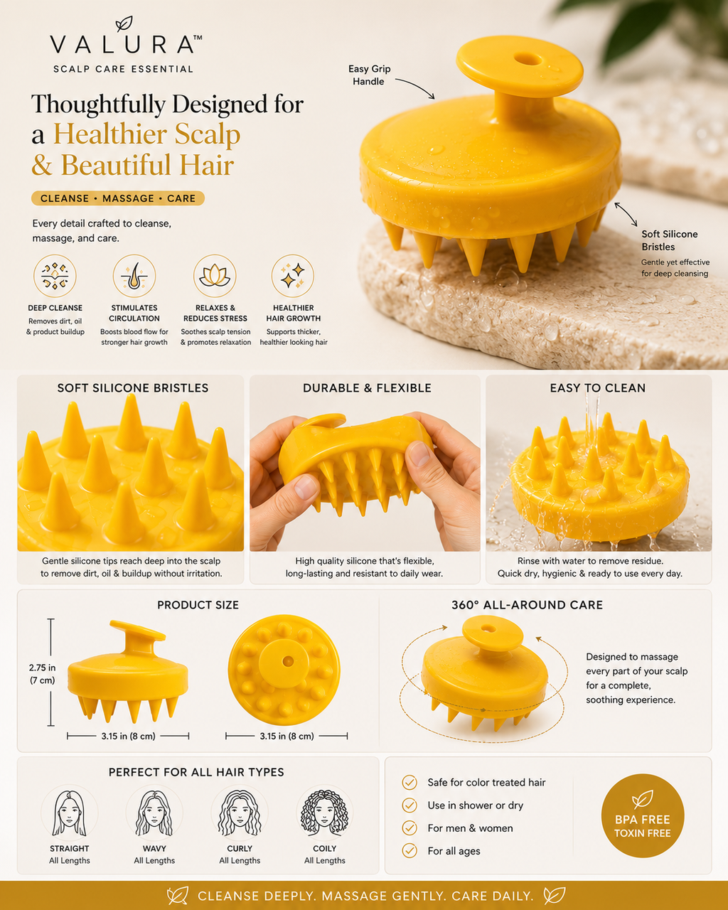 An informational product graphic for the Valura Scalp Care Essential yellow silicone scalp massager. The image features the product shown from multiple angles, accompanied by detailed feature callouts, sizing measurements, and usage benefits on a clean white background.