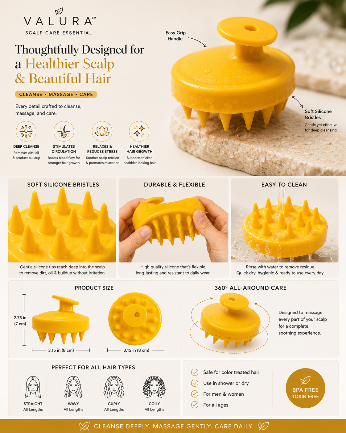 An informational product graphic for the Valura Scalp Care Essential yellow silicone scalp massager. The image features the product shown from multiple angles, accompanied by detailed feature callouts, sizing measurements, and usage benefits on a clean white background.