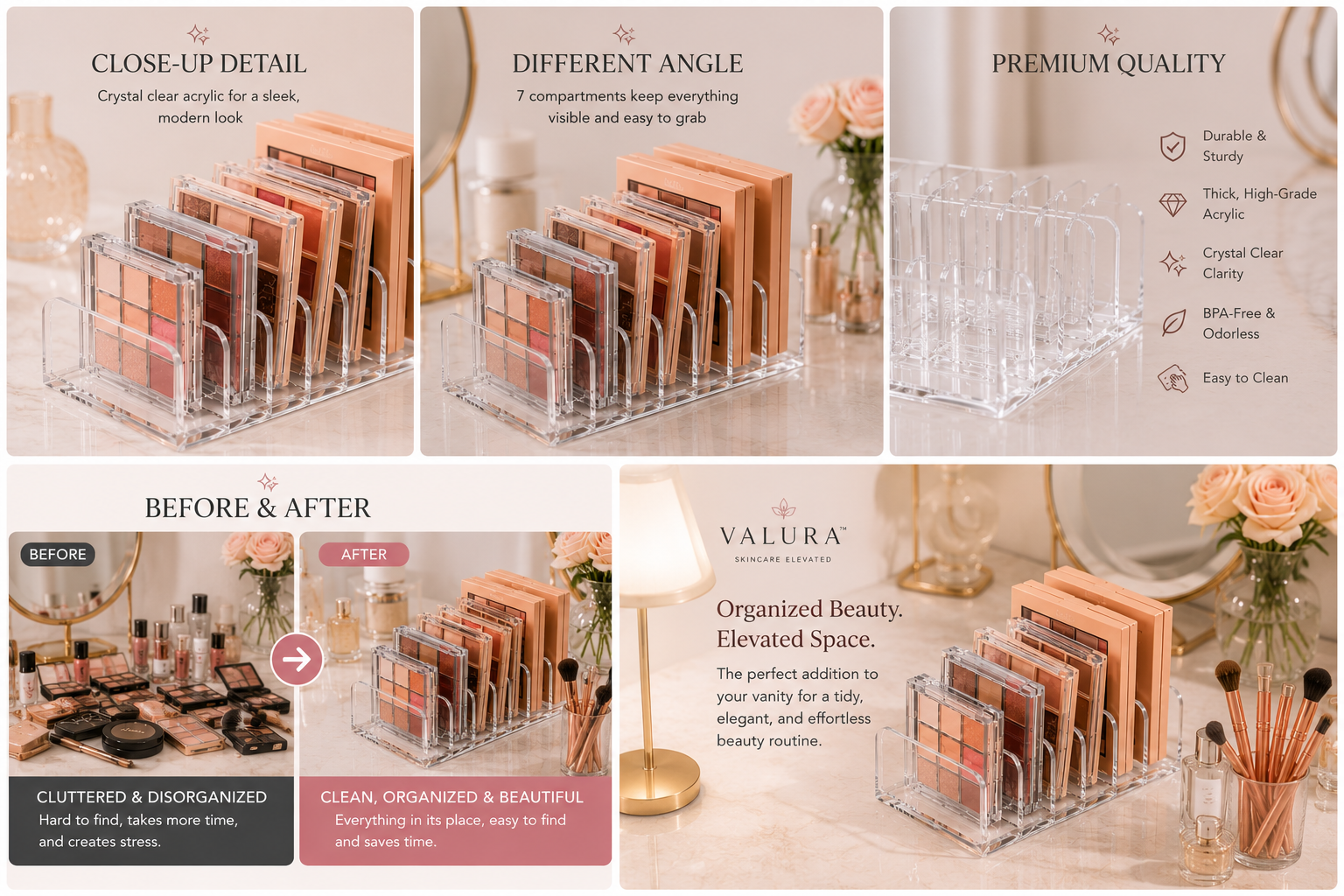 A collage of five panels showcasing a clear acrylic makeup organizer in a vanity setting. The organizer holds multiple rectangular compacts in a grid layout.