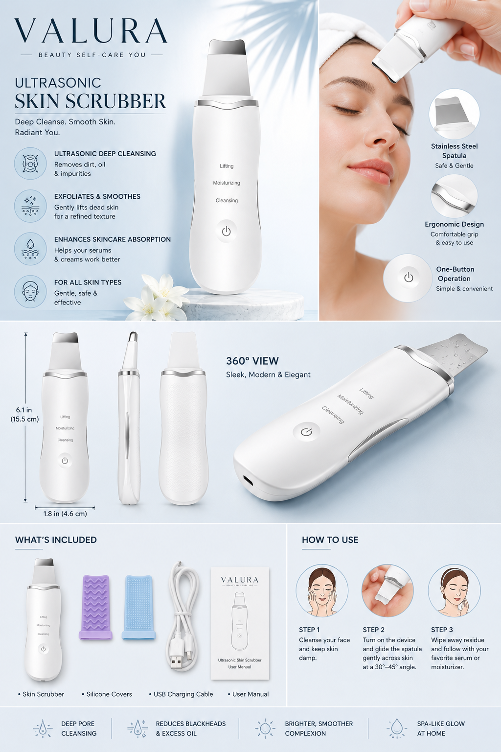 A promotional infographic for the Valura Ultrasonic Skin Scrubber, featuring the product bottle, multiple head attachments, a close-up of the white handheld device, included accessories, dimensions, step-by-step usage instructions, and a lifestyle photo of a woman receiving treatment.