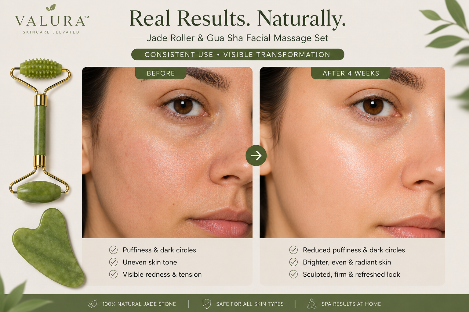 Valura Jade Roller & Gua Sha Facial Massage Set promotional graphic showing a before-and-after face comparison, with the jade roller and gua sha tools displayed on a beige background with green accents.