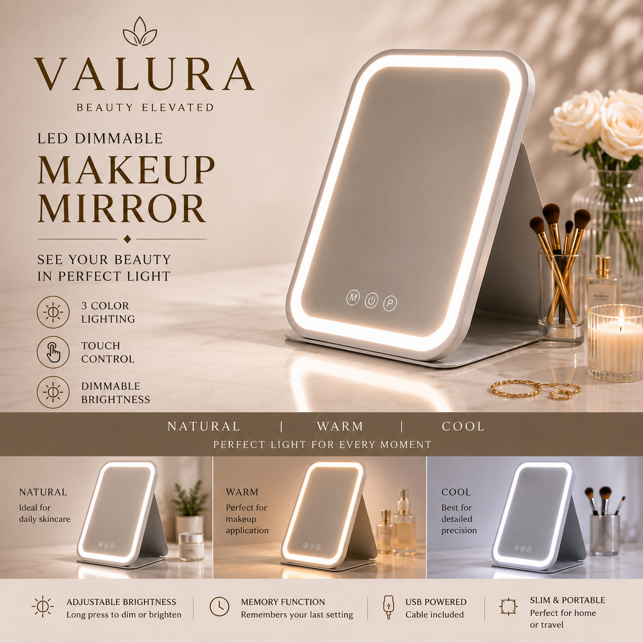 A Valura LED dimmable makeup mirror shown in a warm beige bathroom-style setting with flowers, brushes, and a candle. The main product is a rectangular mirror with rounded corners, a white frame, and built-in LED lighting.