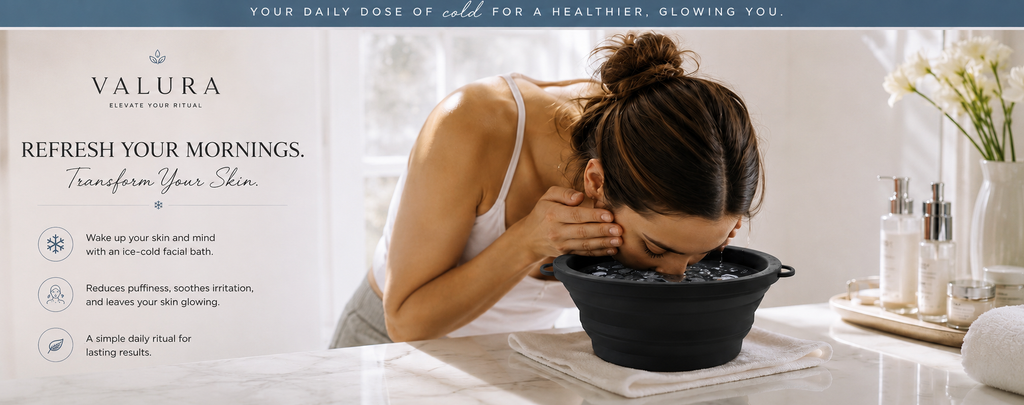 A woman washes her face in a black facial bowl on a white countertop in a bright bathroom setting. The left side features a dark blue banner with the brand name VALURA and product benefits text, while the right side shows skincare bottles on a tray with white flowers.
