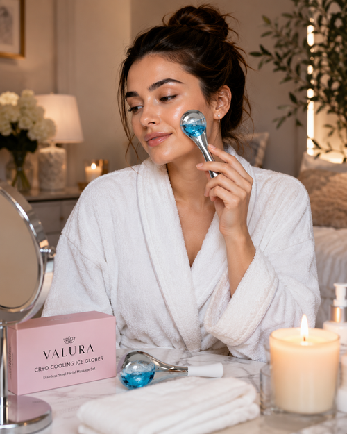 A woman in a white bathrobe applies a blue gel mask to her face using a silver roller tool, with a pink Valura Cryo Cooling Ice Gloves box and a lit candle on the table in a spa-like setting.
