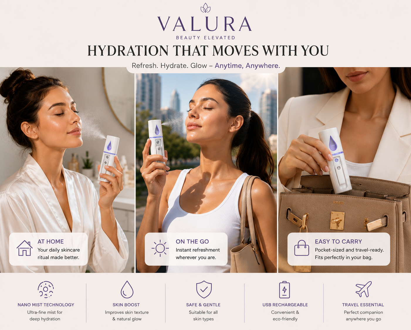A promotional collage for the Valura Beauty Elevated Hydration Skincare tube, showing three women using the product in different scenarios: at home, on the go, and in a purse. The top features the brand logo and tagline 'HYDRATION THAT MOVES WITH YOU' on a beige background, and the bottom displays feature icons.