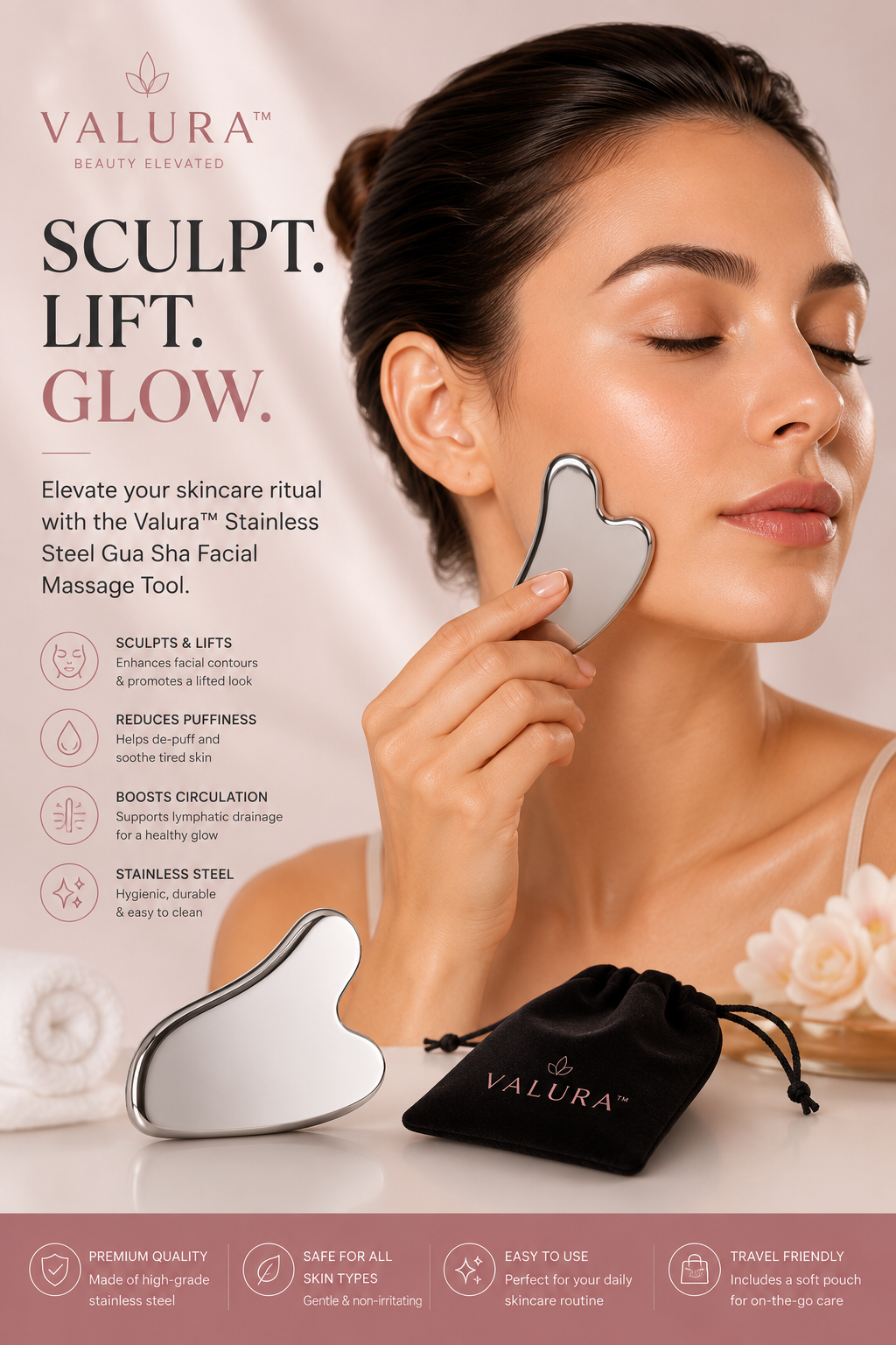 A woman holds a heart-shaped stainless steel Gua Sha facial massage tool against her cheek in a softly lit beauty ad. The Valura brand logo and name are visible, along with the product name 'SCULPT.