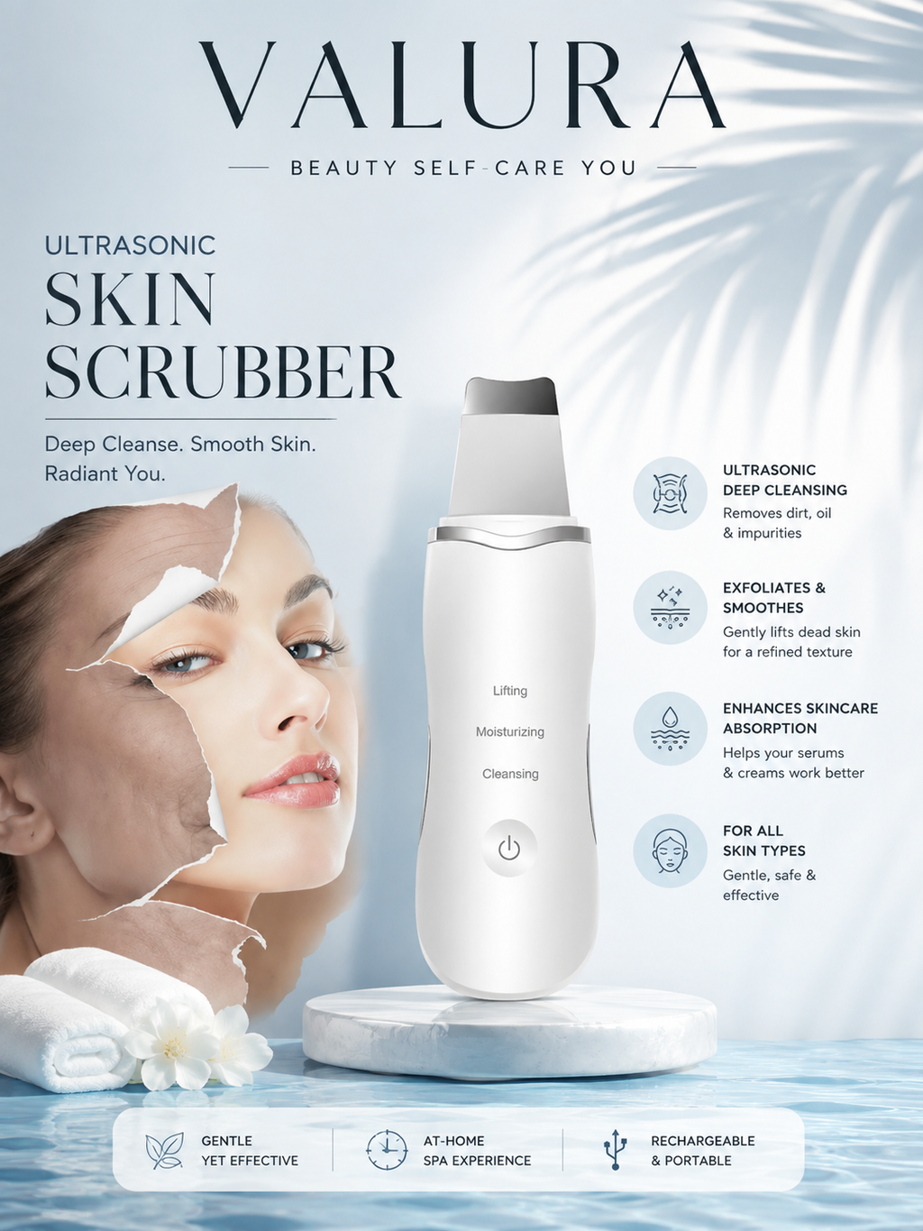 A Valura ultrasonic skin scrubber beauty ad featuring a white handheld device on a white platform, alongside a woman with white facial cleanser on her face, rolled towels, and text detailing the deep cleansing and lifting benefits of the ultrasonic skin scrubber.