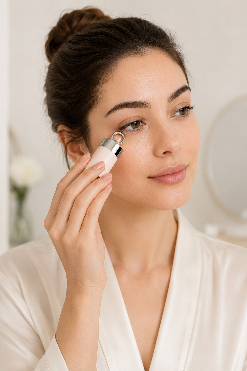 A woman in a white satin robe applies an eye cream from a small white and silver tube to her eye area. The background is a soft, bright, neutral bathroom setting with a blurred mirror and vase.