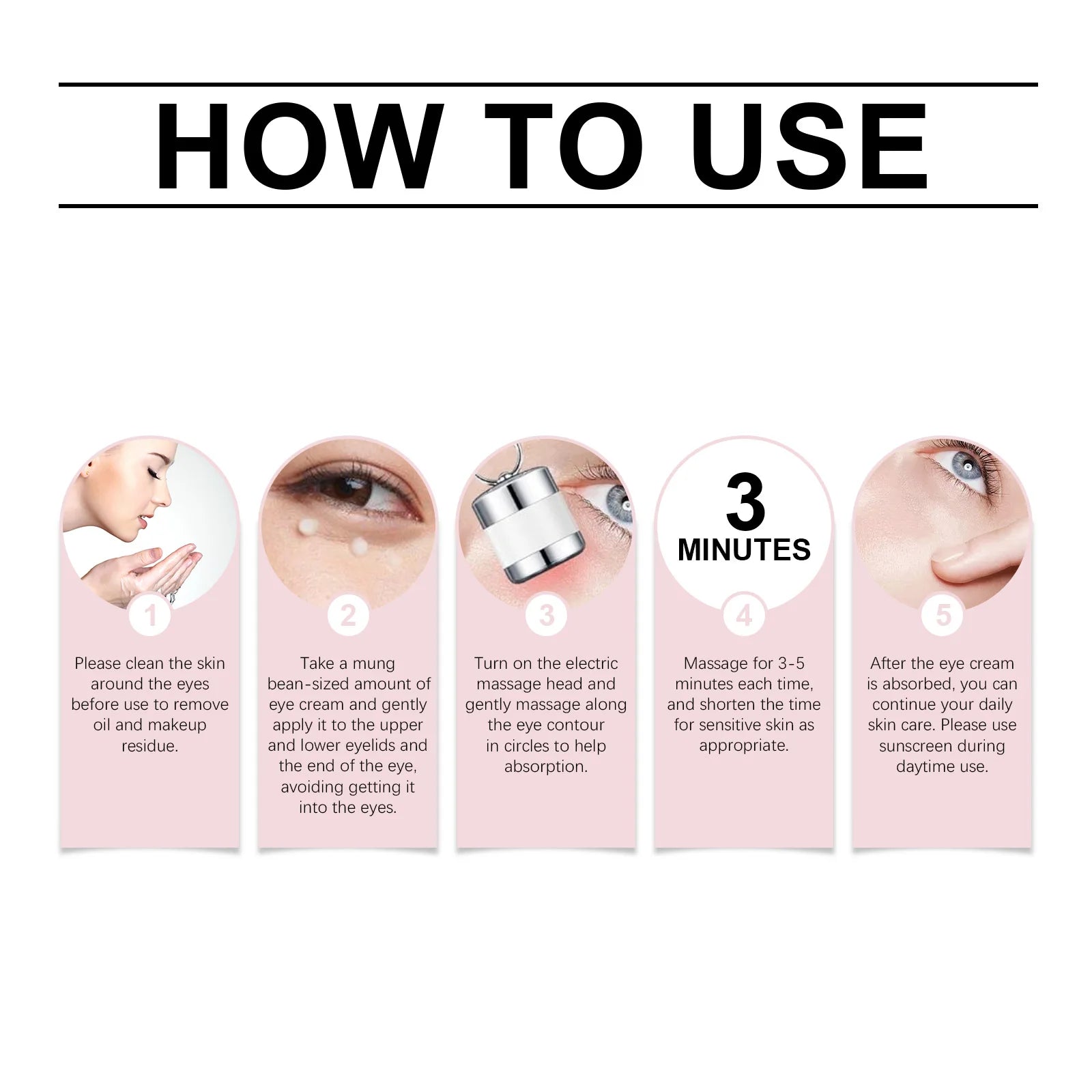 Step-by-step guide on how to use eye cream with illustrations and text.