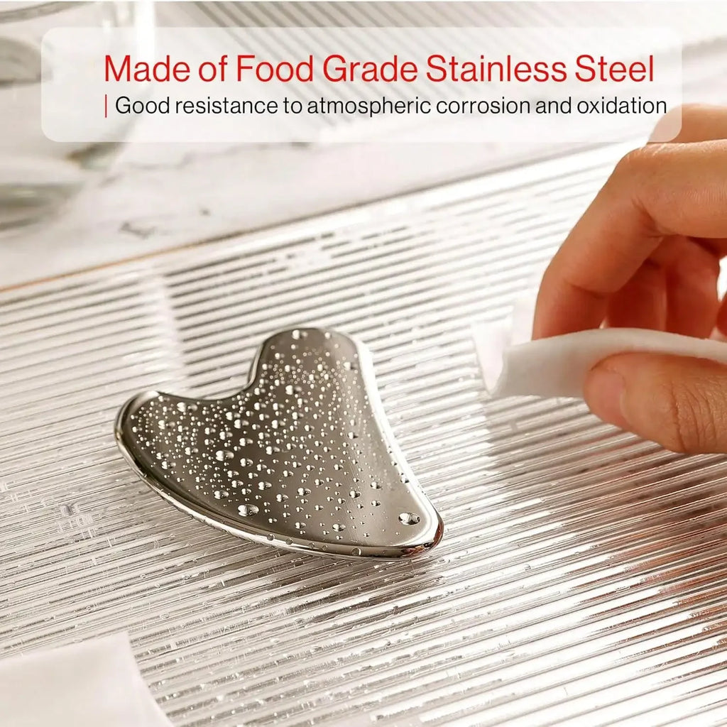 Metallic tool on a textured surface with text about food-grade stainless steel.